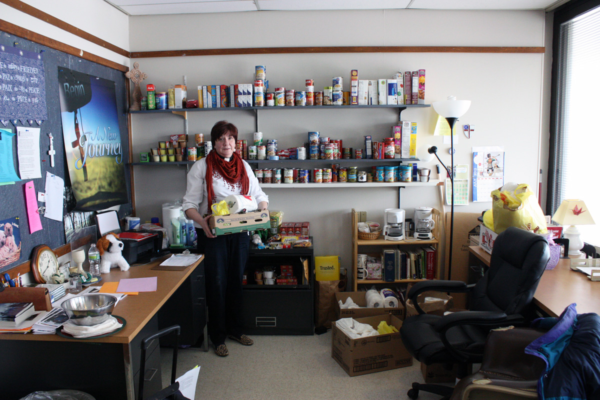 Pastor Dianna Smith of Campus Ministries shares her office with the campus food pantry. The campus food pantry began in October 2012 and was started by Pastor Smith herself after a few students approached her with the hunger issue facing many students. Photo by Lauren Reid.