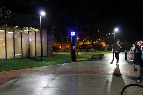 Blue lights sit above emergency phones on the SUNY New Paltz campus. This blue light is located in front of the Jacobson Faculty Tower. Photo by Alicia Buczek