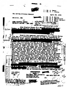 An example of a redacted, or blacked-out, document released after repeated requests by historian John Weiner. This is a letter about the surveillance of John Lennon by J. Edgar Hoover.