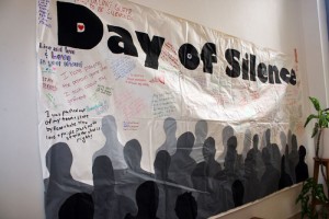 A large banner was hung in the lobby of the Sojourner Truth Library with anonymous student testimonials concerning gay rights.  Photo by Laura Cerrone.