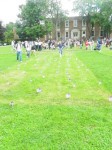 Flags planted in a patch of grass designed to look like one of the twin tours on the old main quad. Photo by Justin Sarjeant.