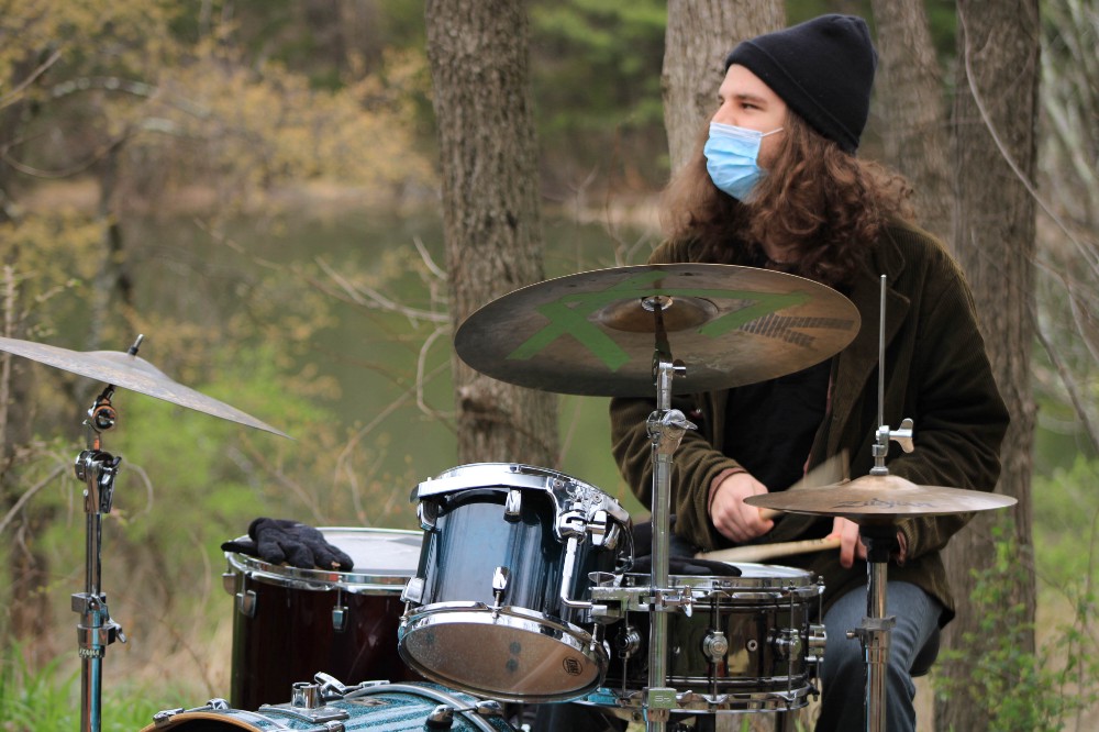 Drummer Alex Endres rehearsing with his band on April 17, 2020 while respecting social-distancing guidelines.